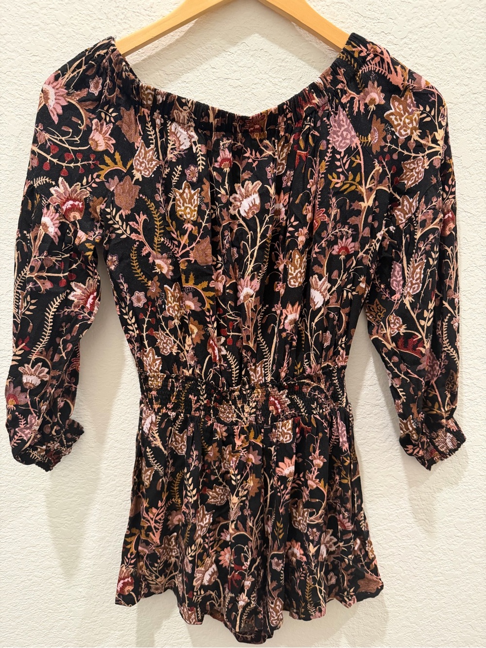 Free People Floral Smocked Waist Romper Black Boho Off Shoulder Long Sleeve XS